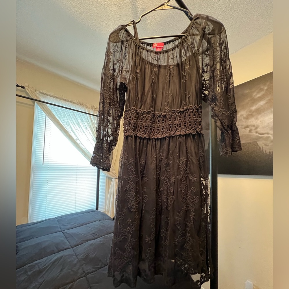 Long sleeve lace dress with black slip dress.